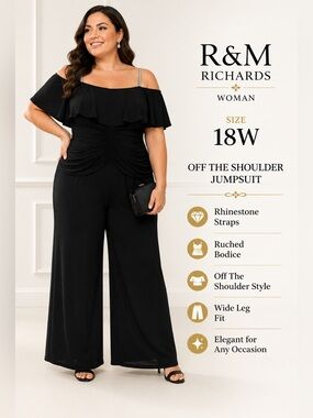 R&M Richards Woman 18W Black Off Shoulder Wide Leg Jumpsuit Rhinestone